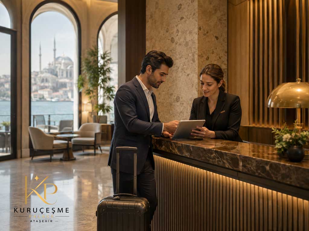 Otel rezervasyonu yaparken bilgilerini resepsiyonda kontrol eden misafir